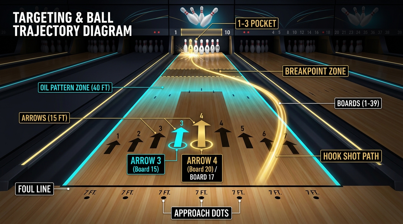 Diagram toru bowlingowego z celowaniem na 17. deskę i strefą breakpointu