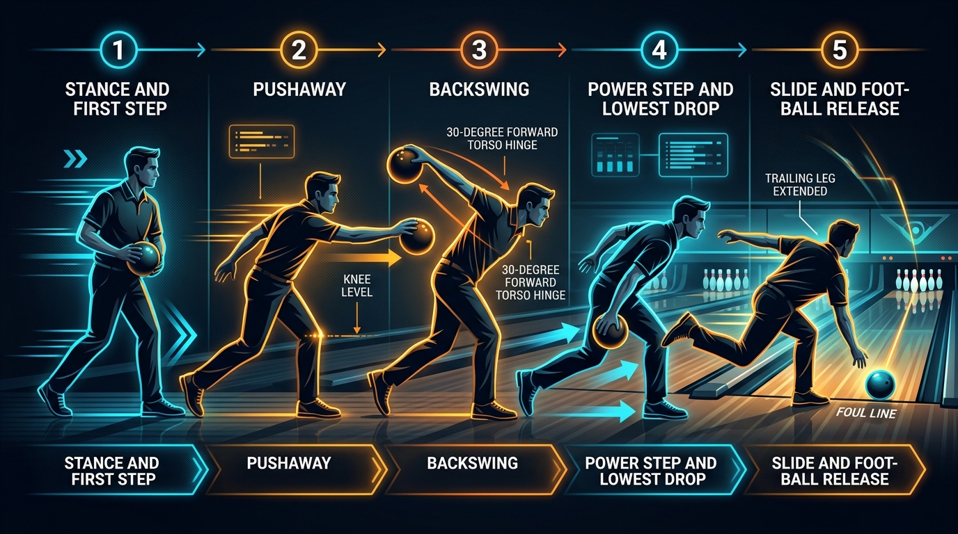 Infografika 5 kroków rozbiegu w bowlingu sportowym